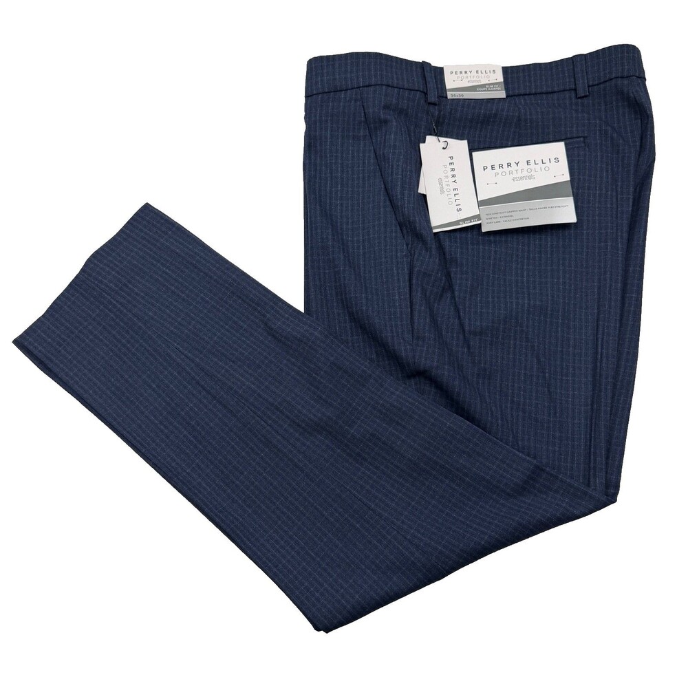 $95 NEW PERRY ELLIS PORTFOLIO MENS 36X30 NAVY CHECK TROUSERS DRESS PANTS SLACKS
